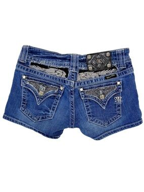 Miss Me Low Rise Angel Wing Bling Pocket Denim Shorts Rhinestone Flap Size 27